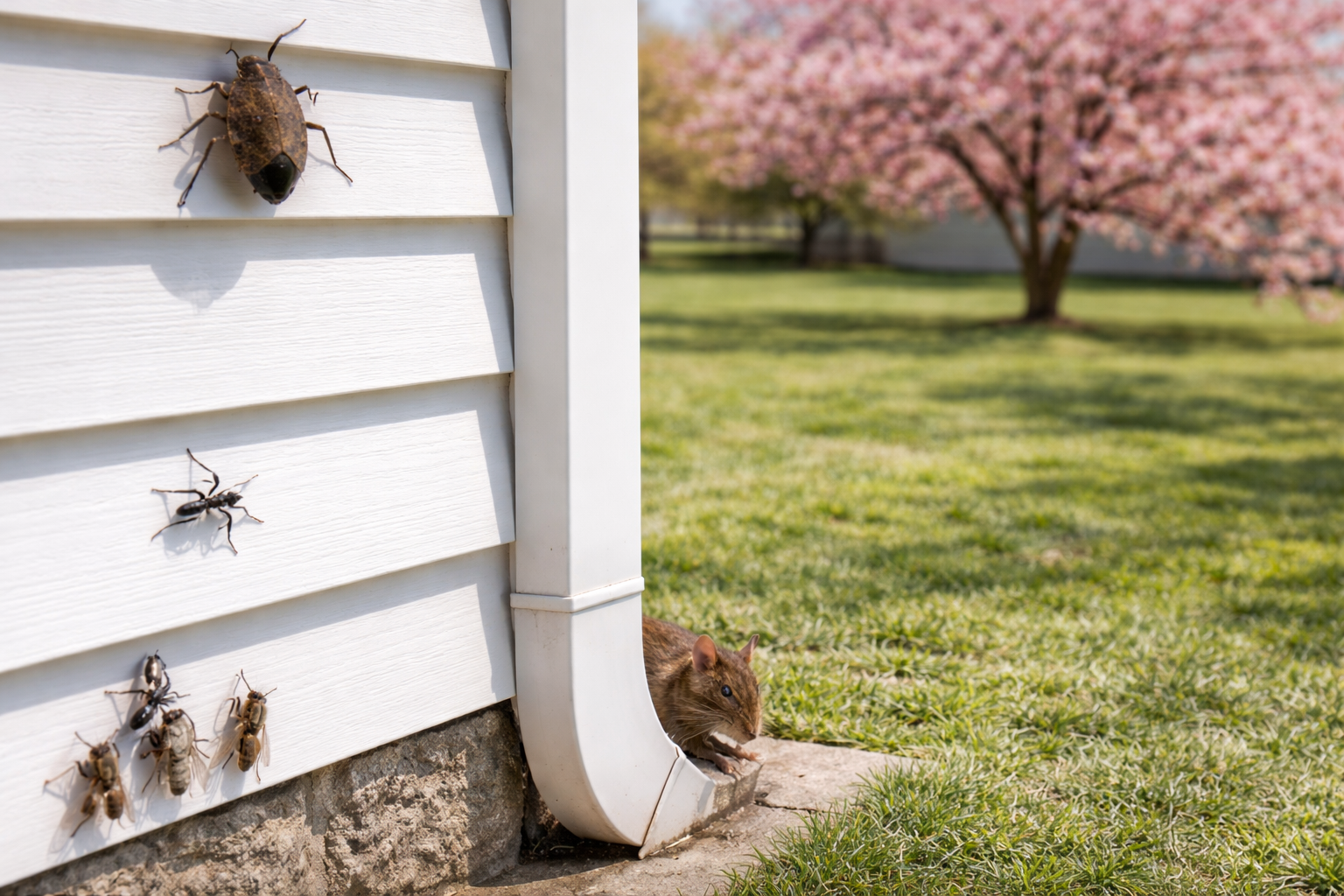 Spring Pest Control in Vermont Spring pest control in Vermont showing ants, stink bugs, and rodents around a home exterior